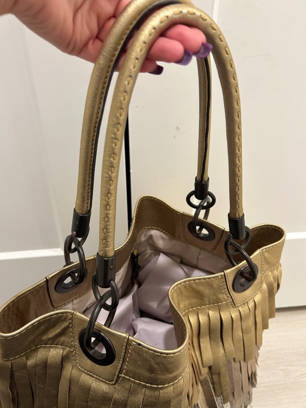 Coach Madison XL Metallic Leather Fringe Tote - Picture 8 of 17